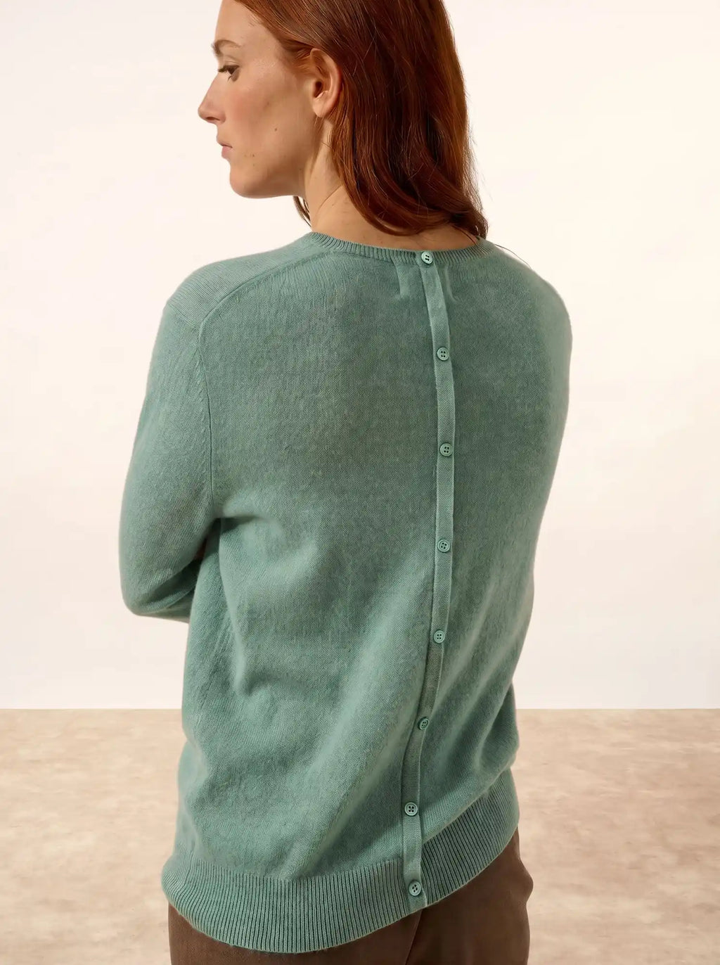 JANICE Sweater Crew Neck Buttoned Back Heather Green