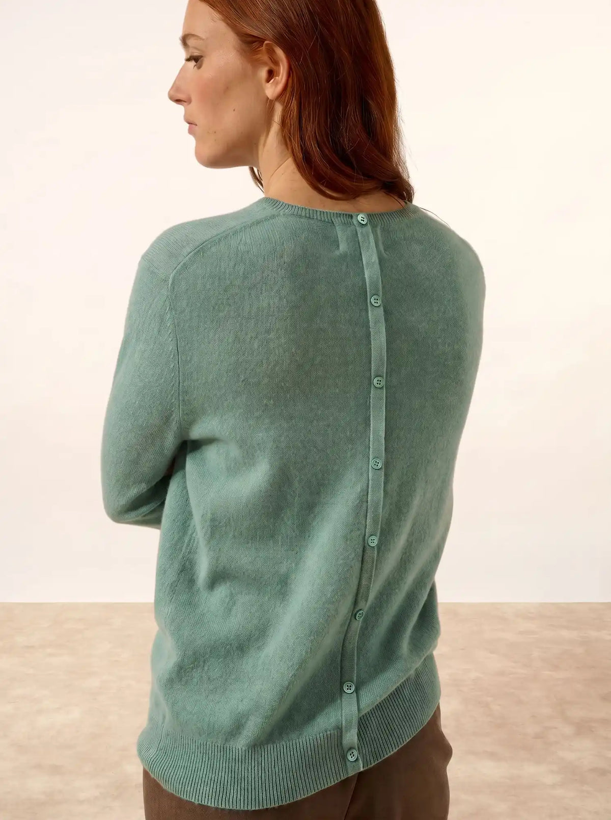 JANICE Sweater Crew Neck Buttoned Back Heather Green