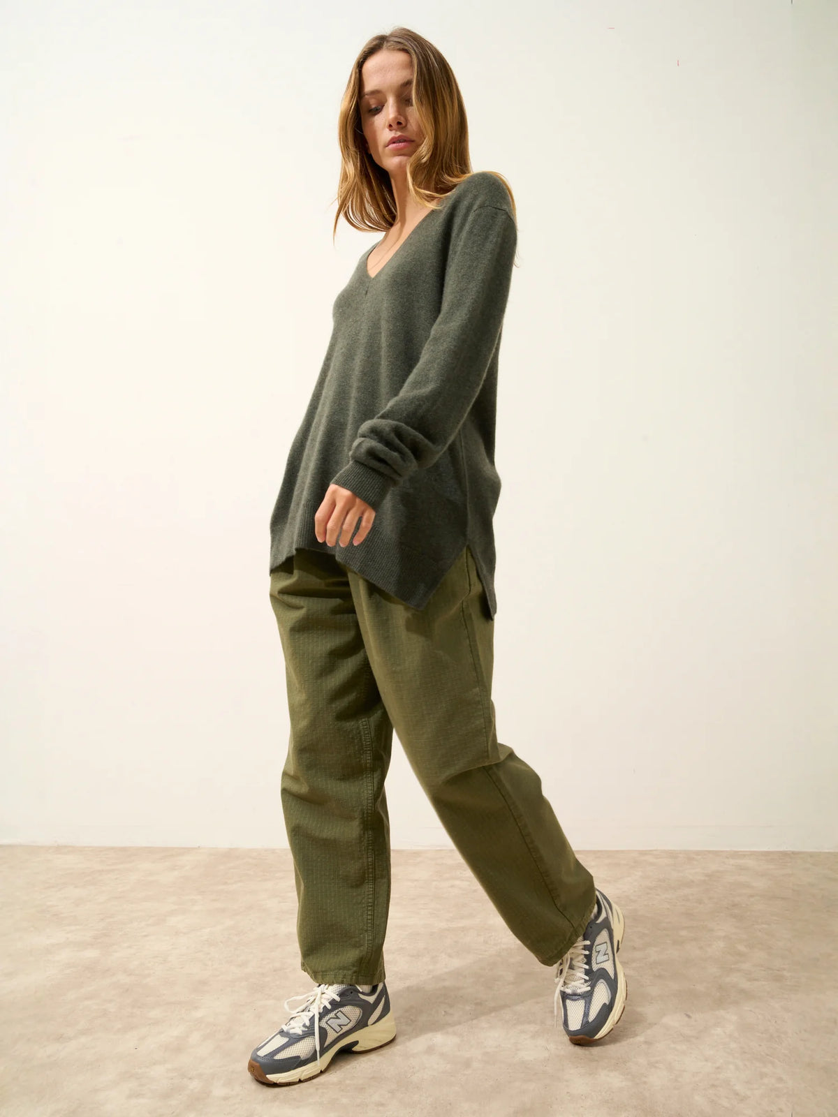 OPAL Sweater V-Neck Front and Back Heather Khaki