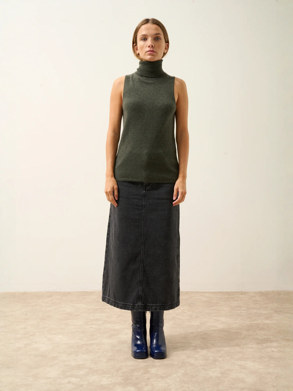 VIOLET Pull Col Roulé sans Manches Kaki Chiné