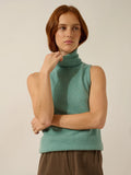 VIOLET Pull Col Roulé sans Manches Vert Chiné