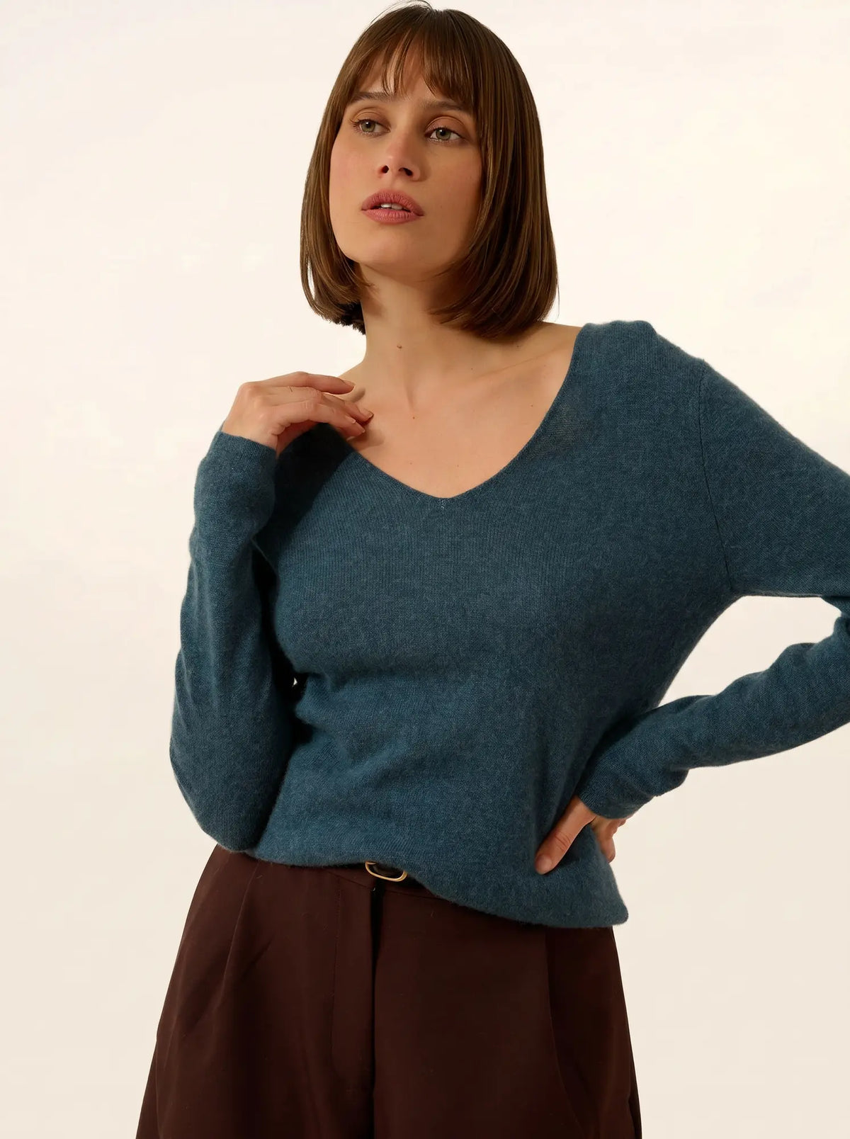 JOAN Pull Col V Vert Canard Chiné