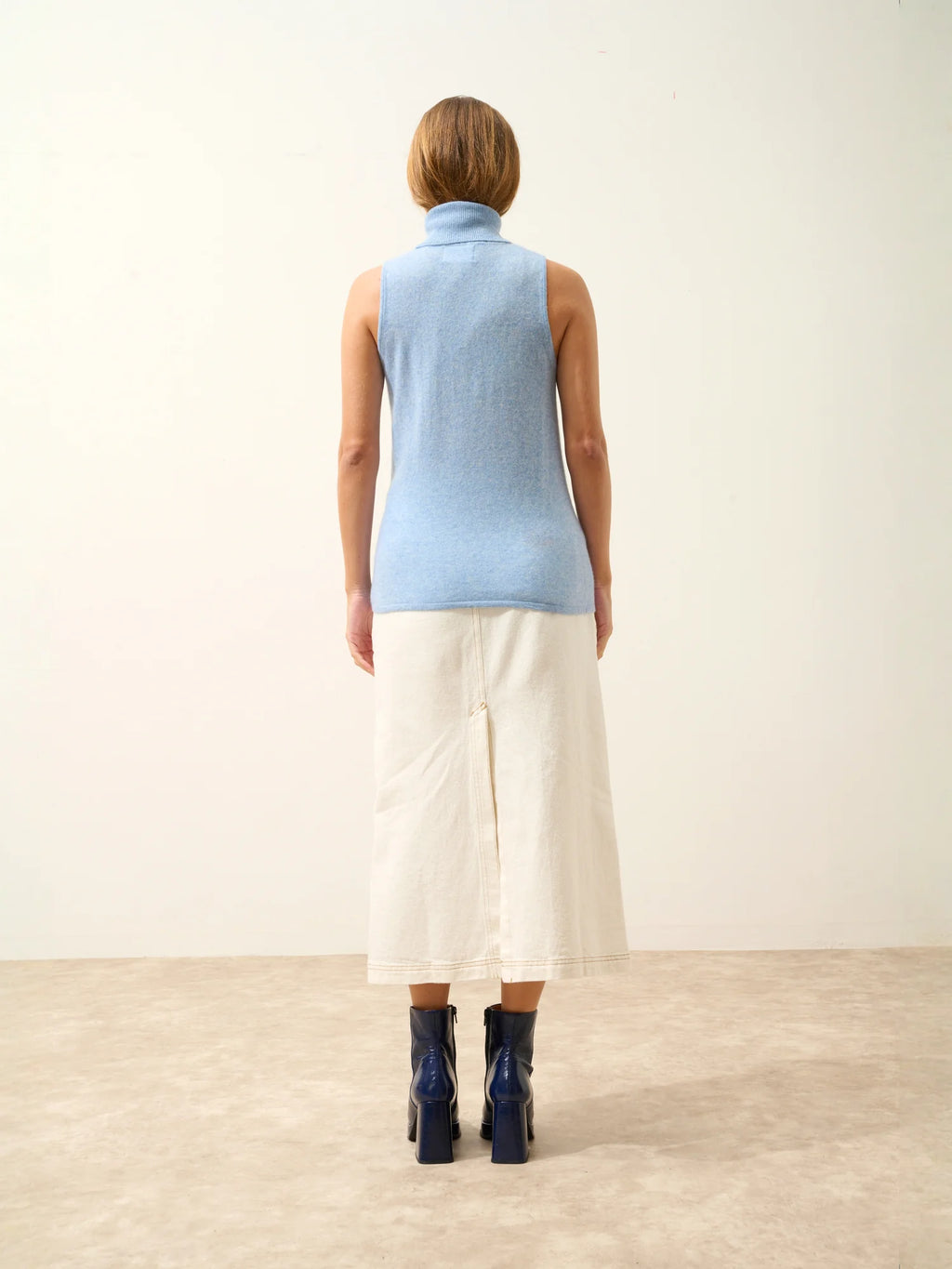 VIOLET Pull Col Roulé sans Manches Bleu Ciel Chiné