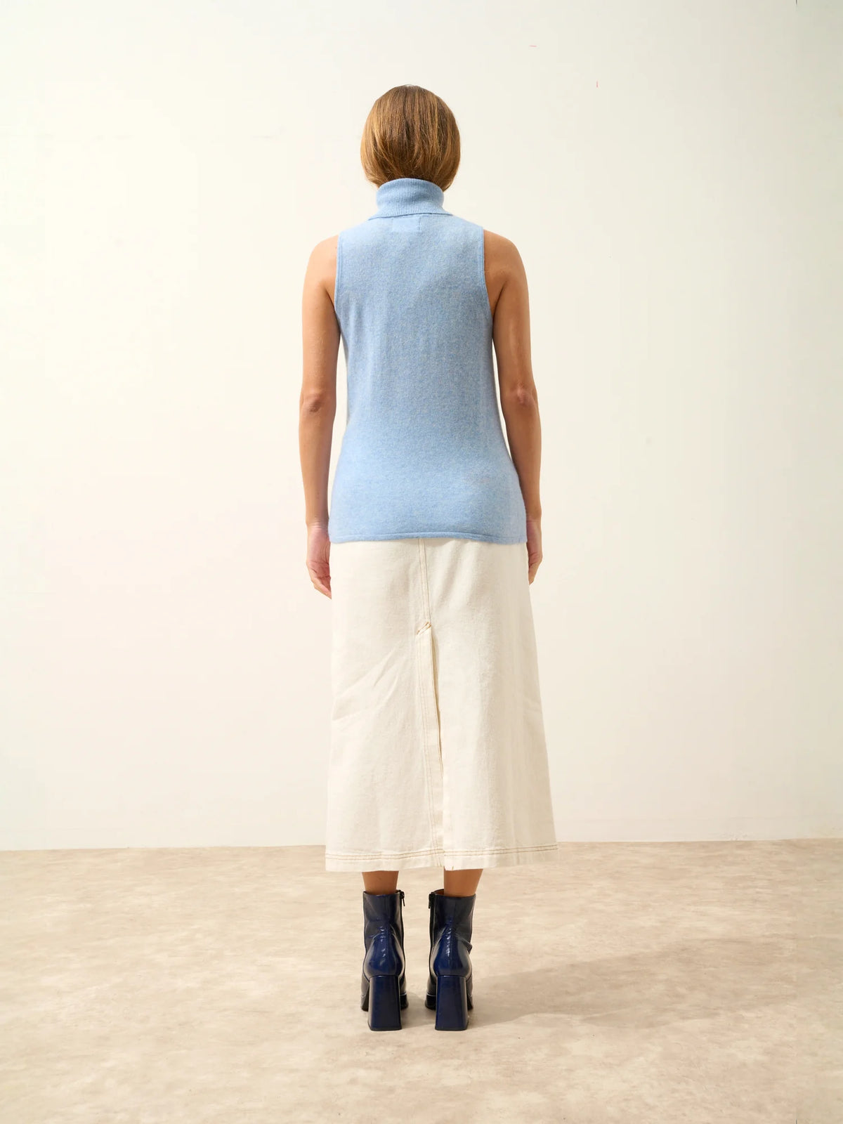 VIOLET Pull Col Roulé sans Manches Bleu Ciel Chiné