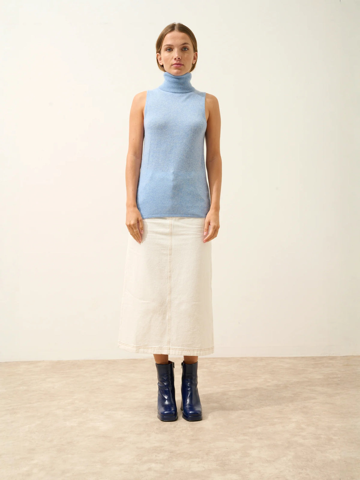 VIOLET Pull Col Roulé sans Manches Bleu Ciel Chiné