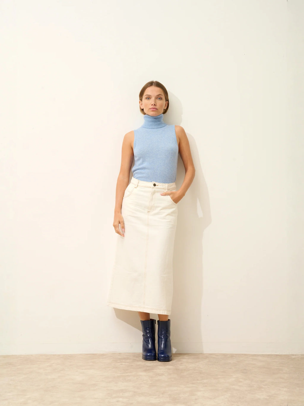 VIOLET Pull Col Roulé sans Manches Bleu Ciel Chiné