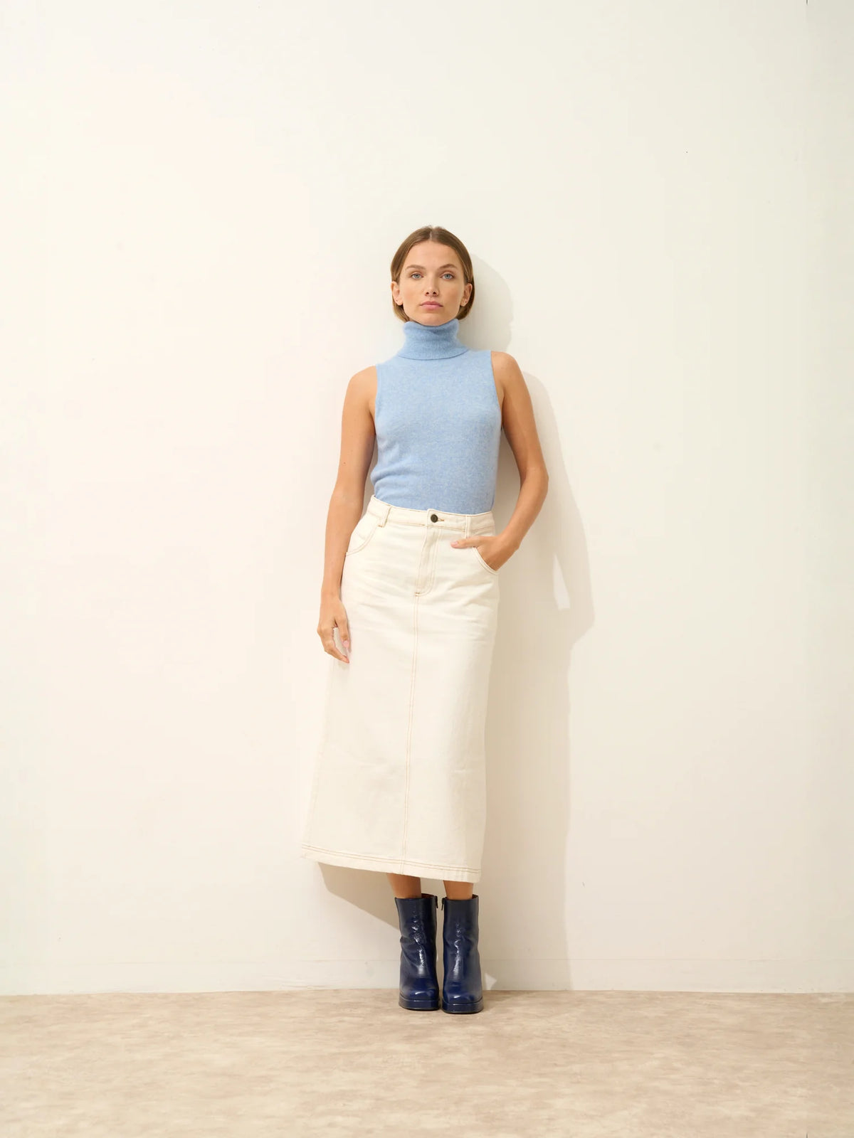 VIOLET Pull Col Roulé sans Manches Bleu Ciel Chiné