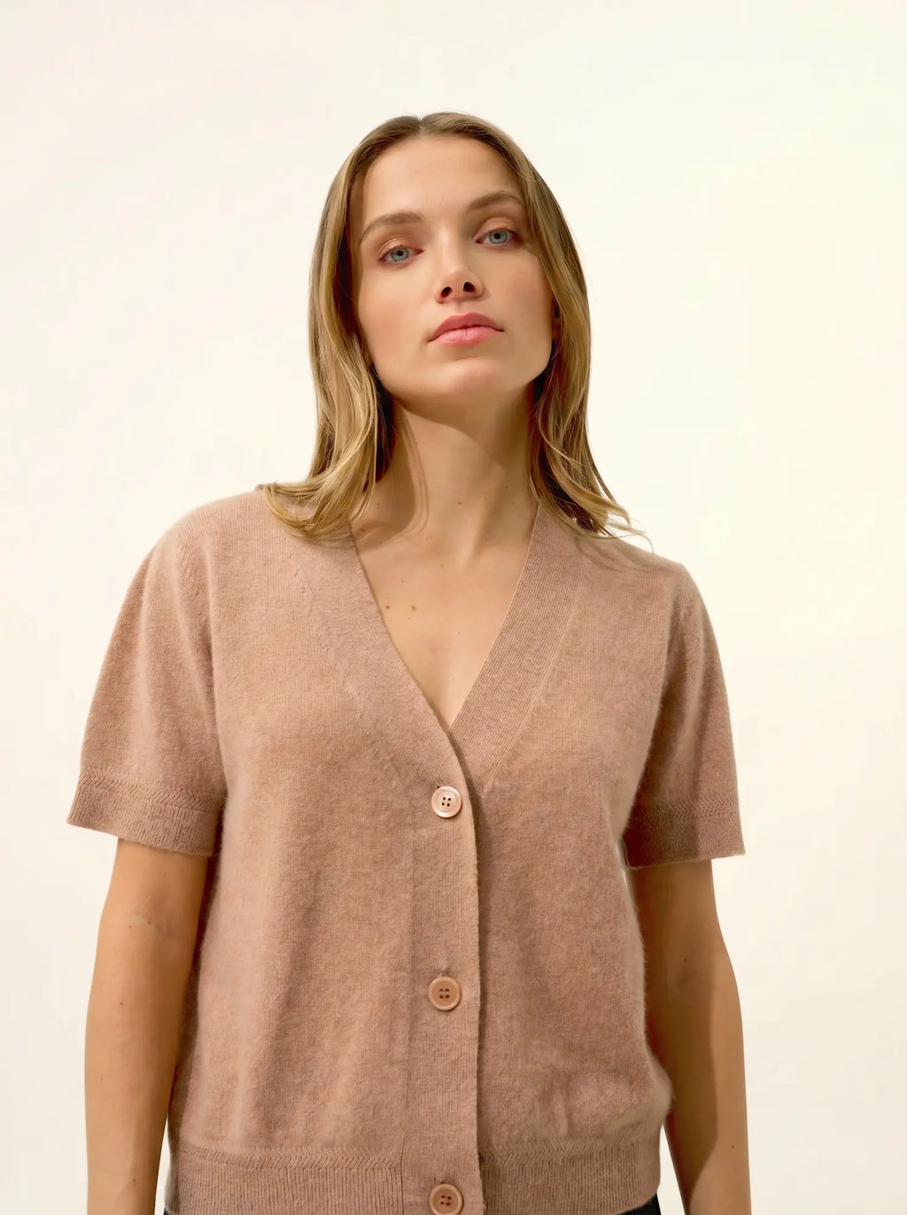 DAN Cardigan Col V Manches Courtes Camel Chiné