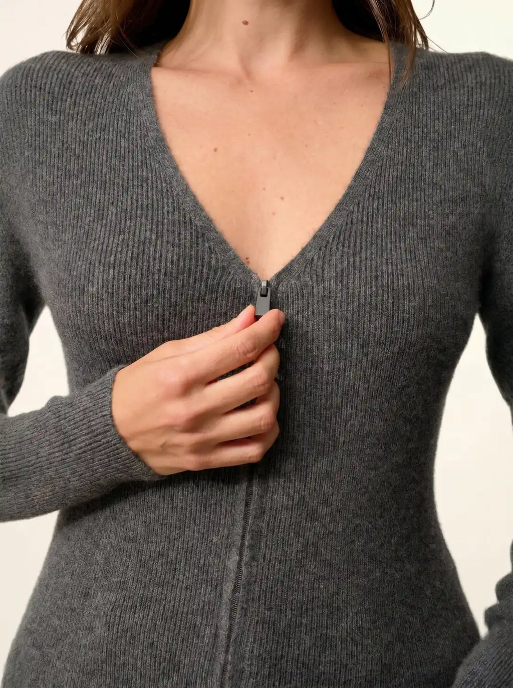 ZION Gilet Zippé Col V Anthracite Chiné