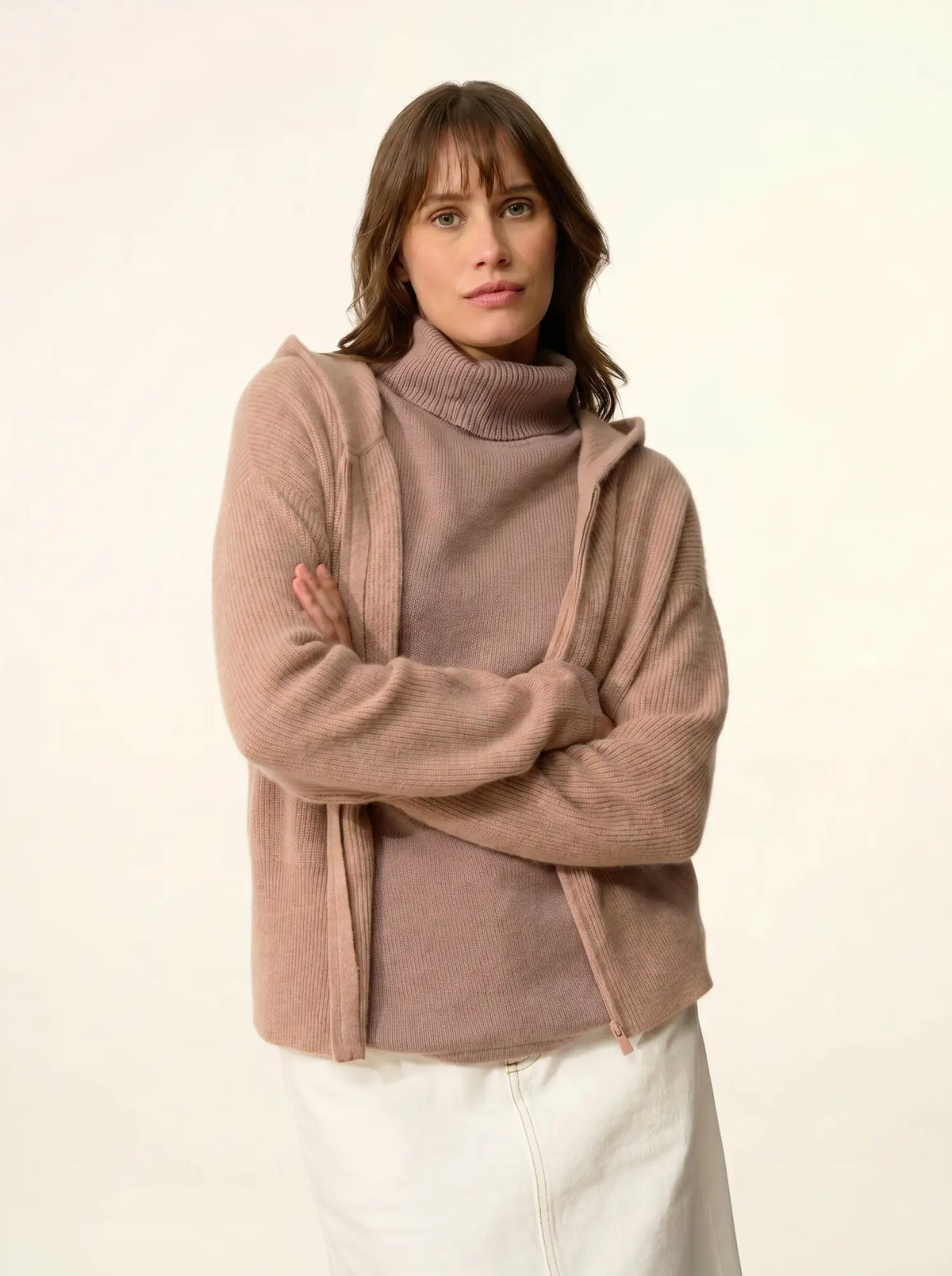 HELGA Gilet Zippé Capuche Camel Chiné