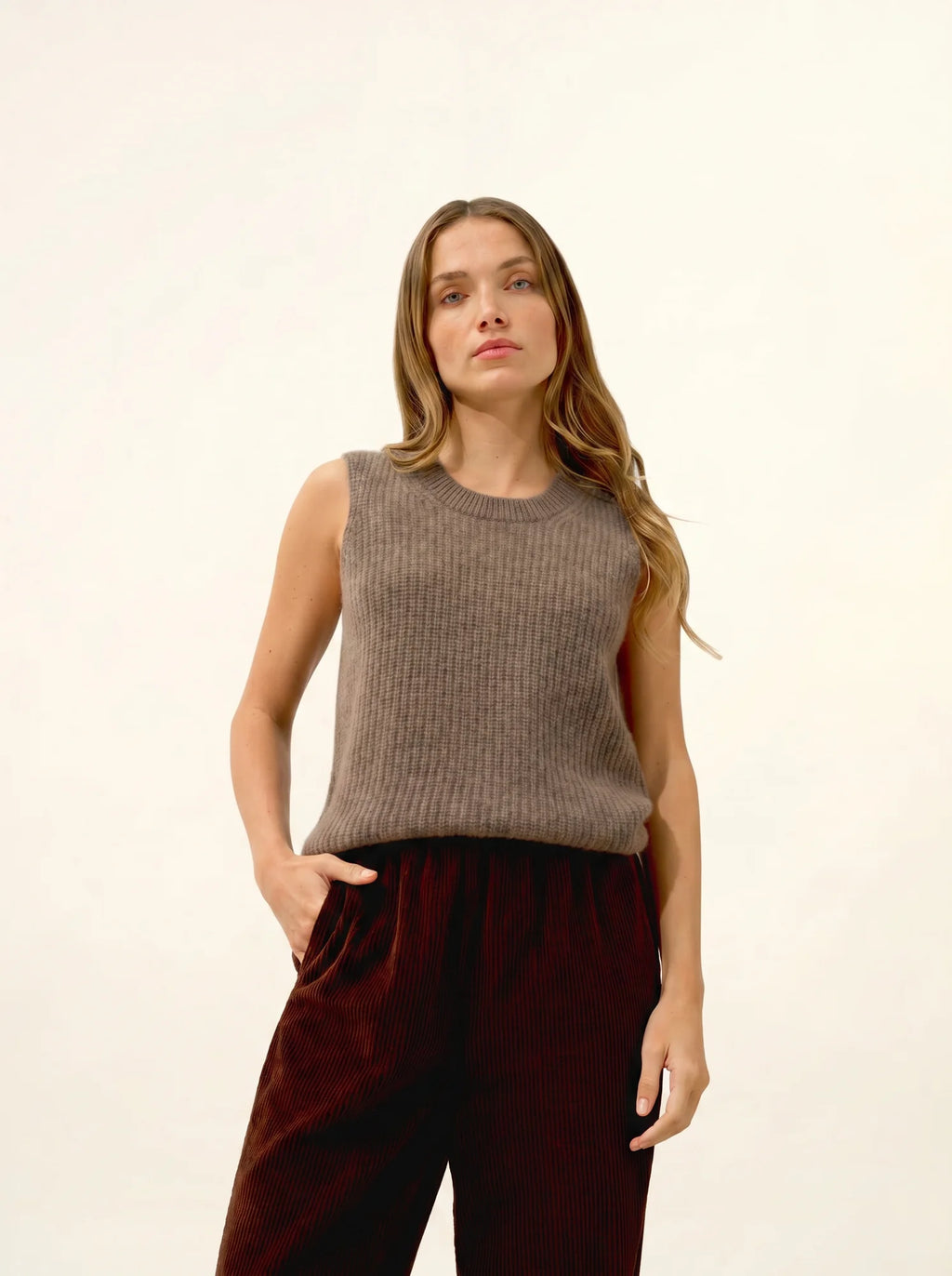 DAMPA Débardeur Col Rond 6 Fils Taupe Chiné
