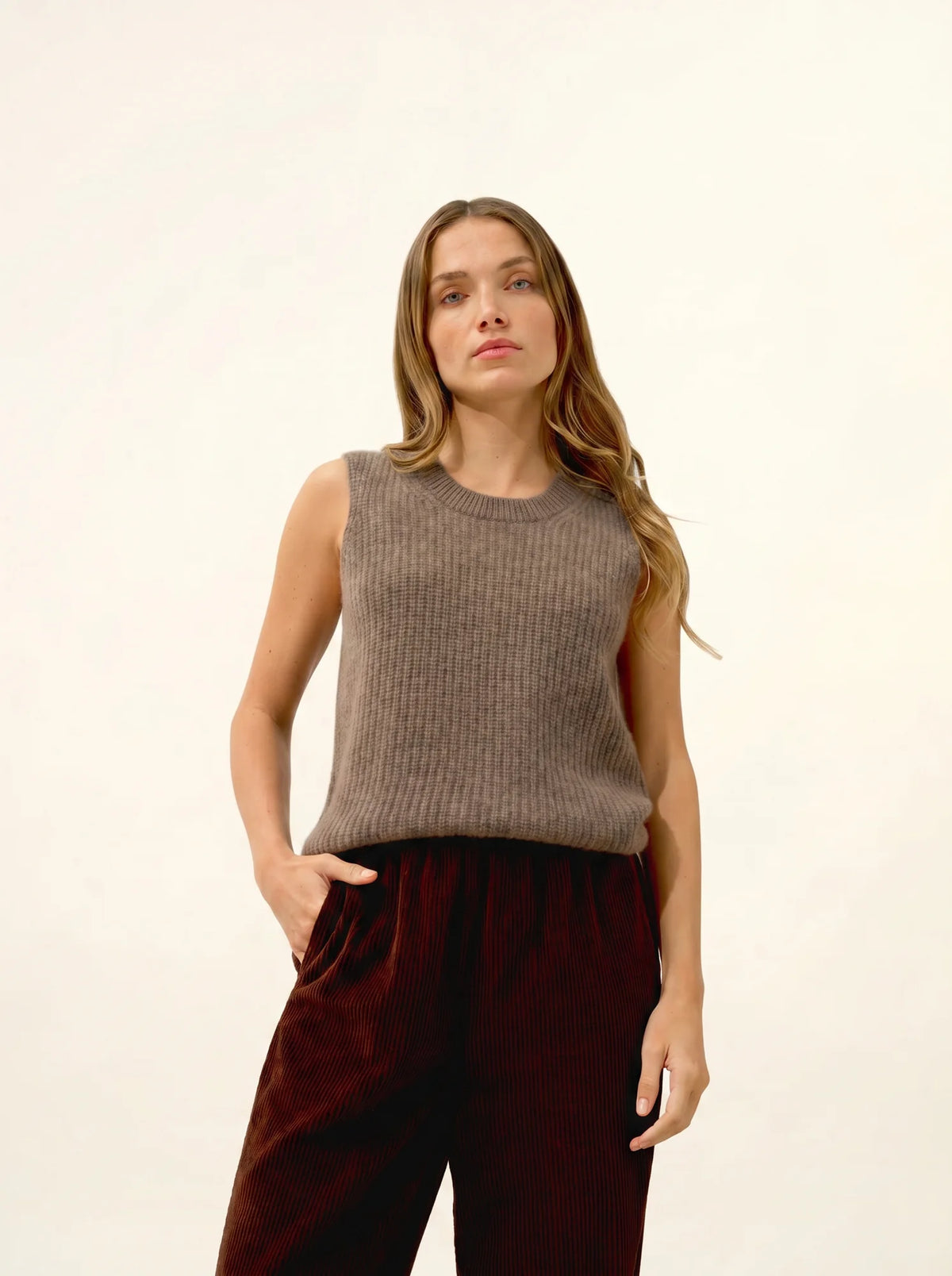 DAMPA Débardeur Col Rond 6 Fils Taupe Chiné