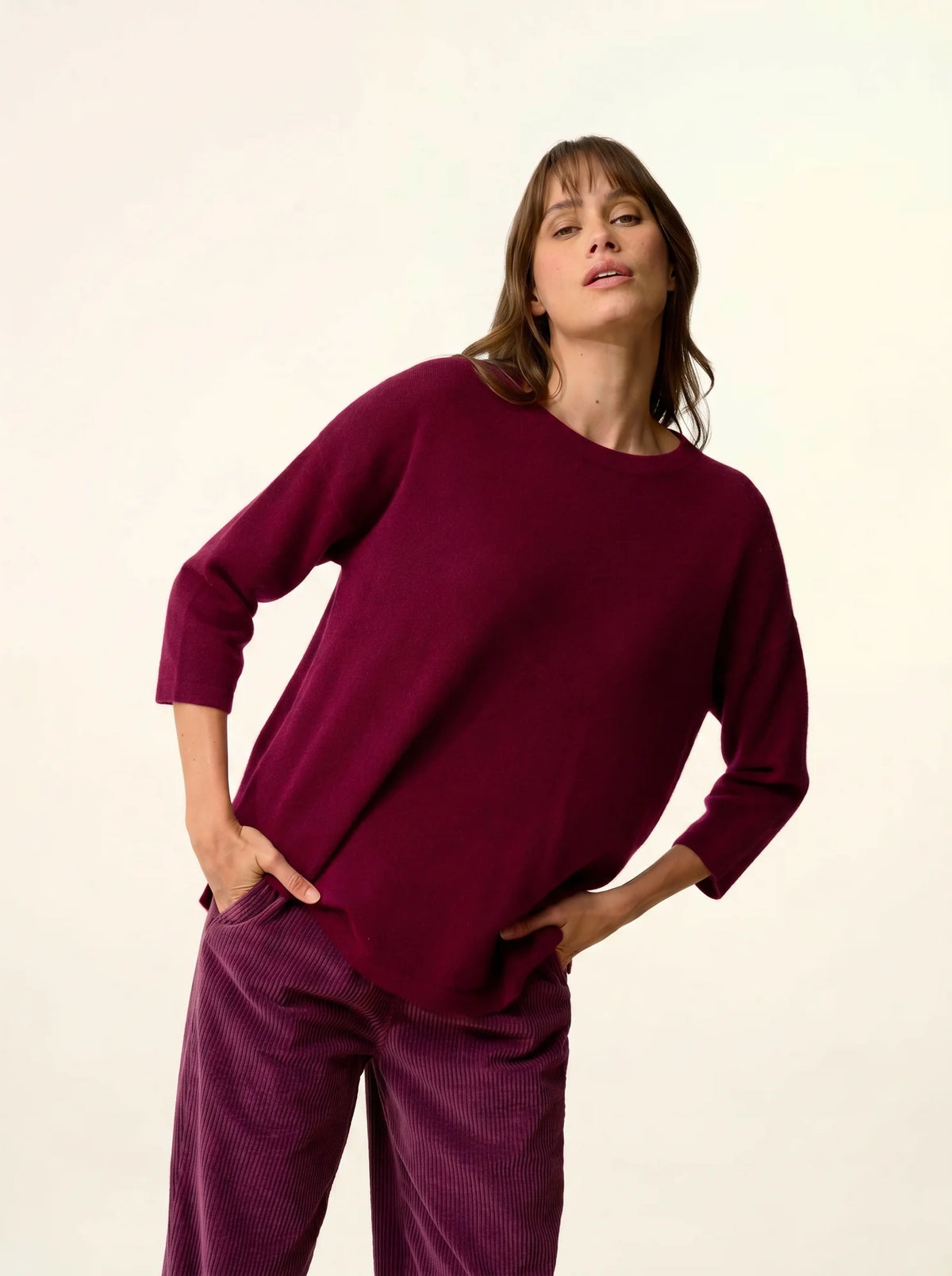 CLATTIE Pull Col Rond Bordeaux