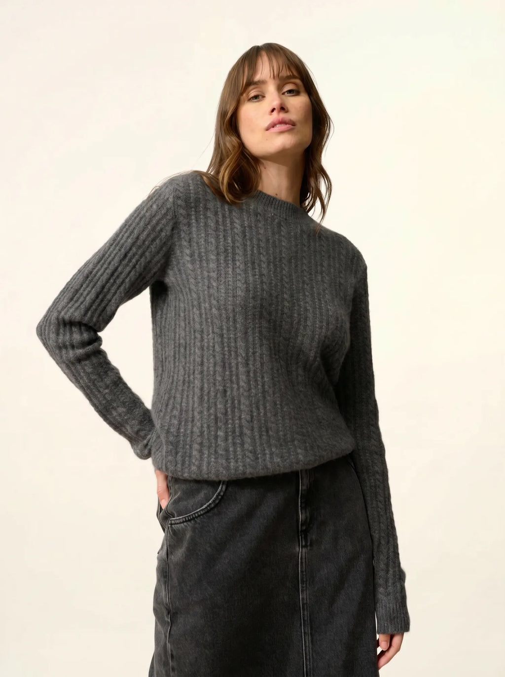 SARAH Pull Col Rond 4 Fils Anthracite Chiné