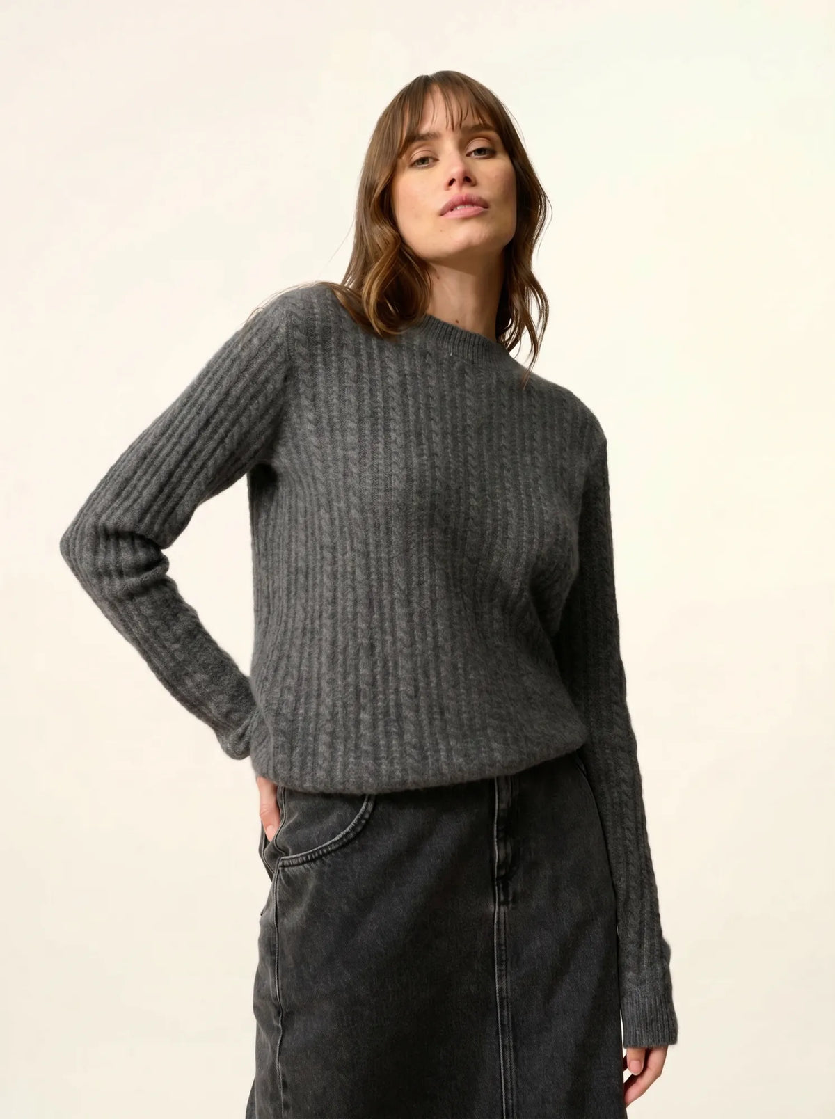SARAH Pull Col Rond 4 Fils Anthracite Chiné