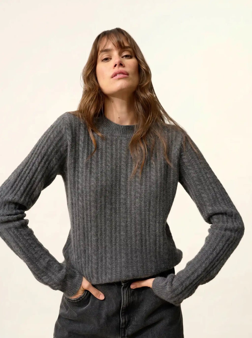 SARAH Pull Col Rond 4 Fils Anthracite Chiné