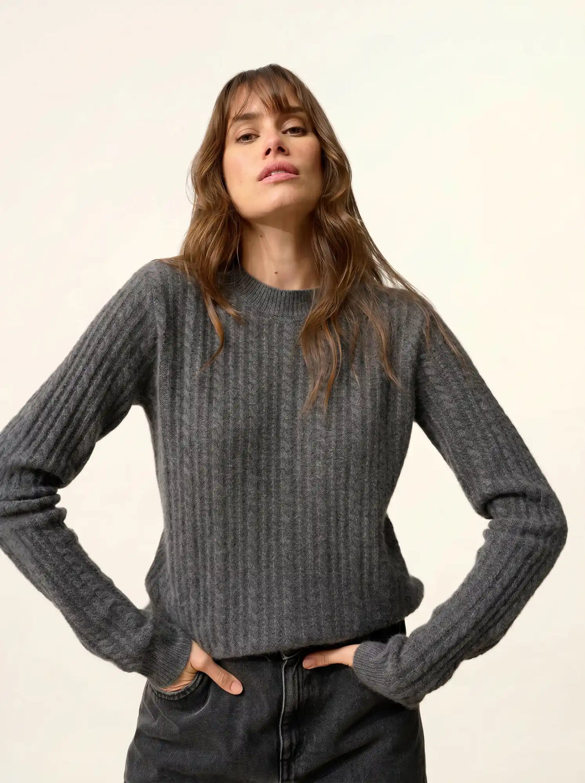 SARAH Pull Col Rond 4 Fils Anthracite Chiné