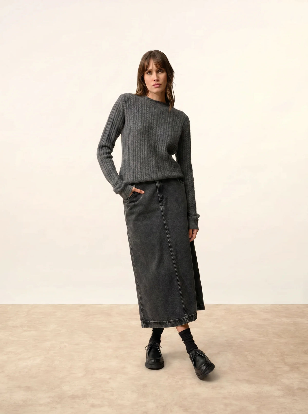 SARAH Pull Col Rond 4 Fils Anthracite Chiné