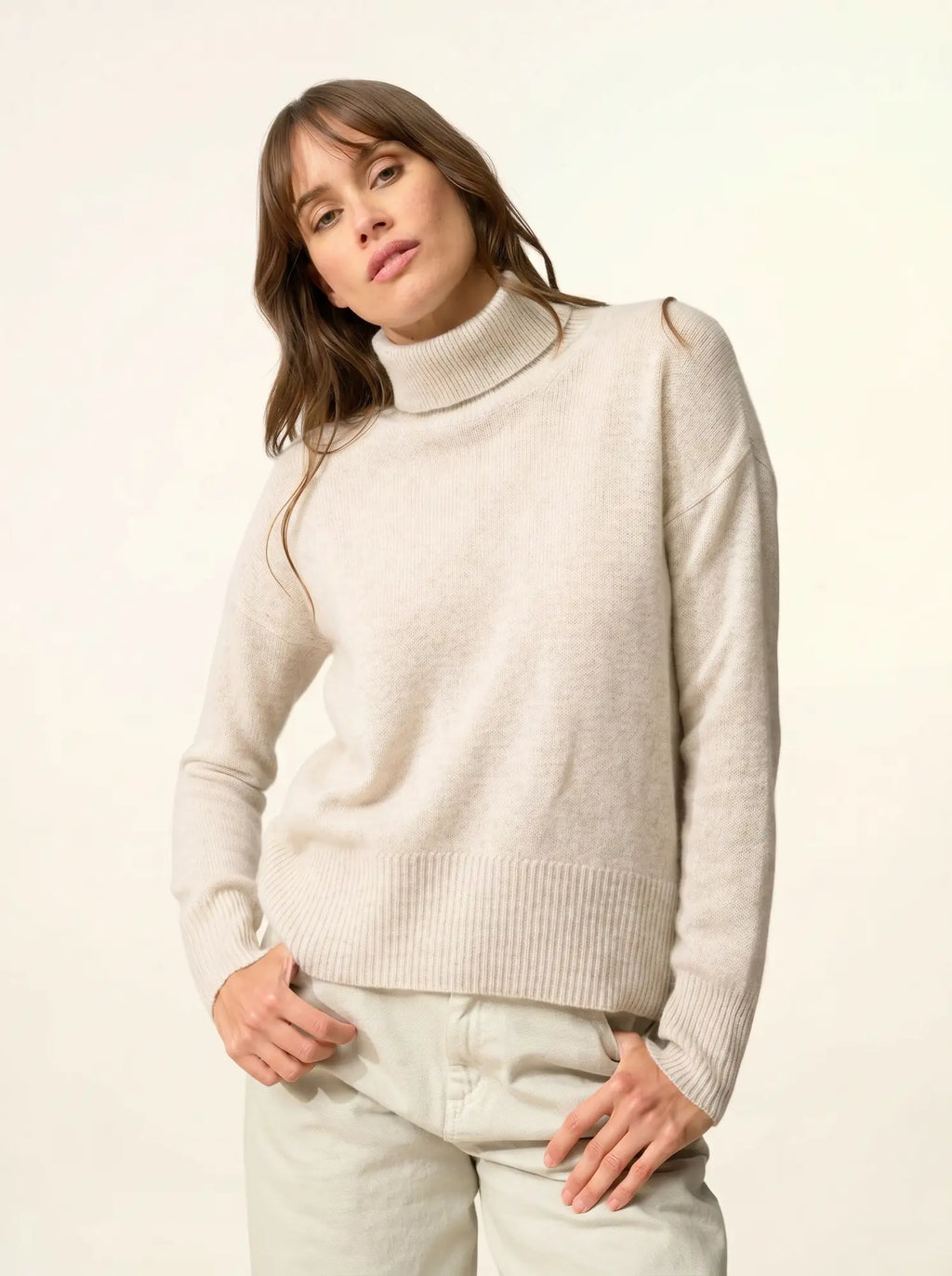 ROMANE Pull Col Roulé 4 Fils Gris Perle Chiné
