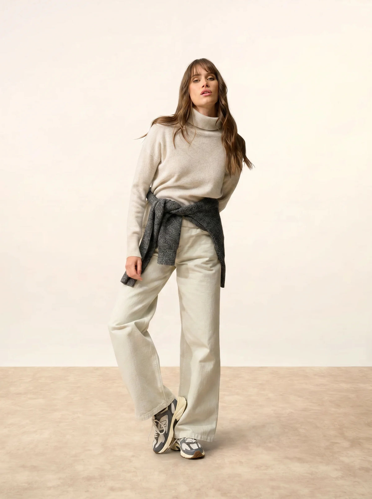 ROMANE Pull Col Roulé 4 Fils Gris Perle Chiné
