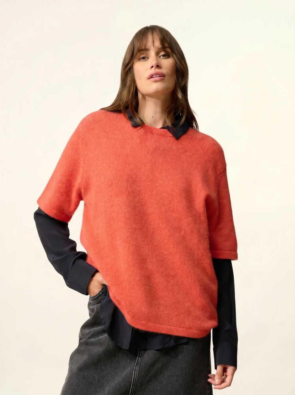 CARLA T-Shirt Col Rond 4 Fils Orange Chiné