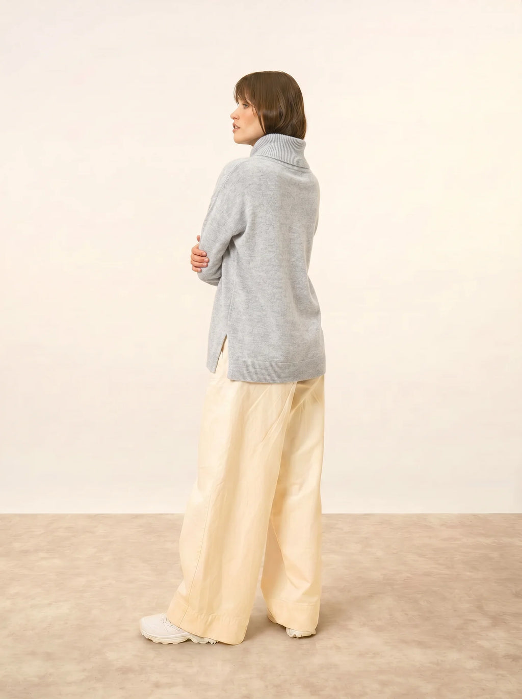 MELROSE Pull Col Montant Cordon Coulissant Fentes Côtés Gris Perle Chiné