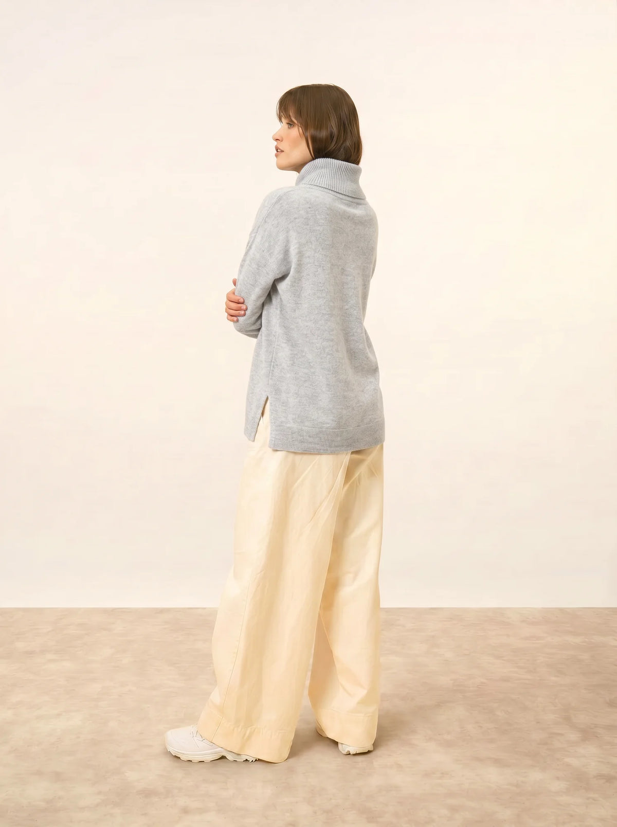 MELROSE Pull Col Montant Cordon Coulissant Fentes Côtés Gris Perle Chiné