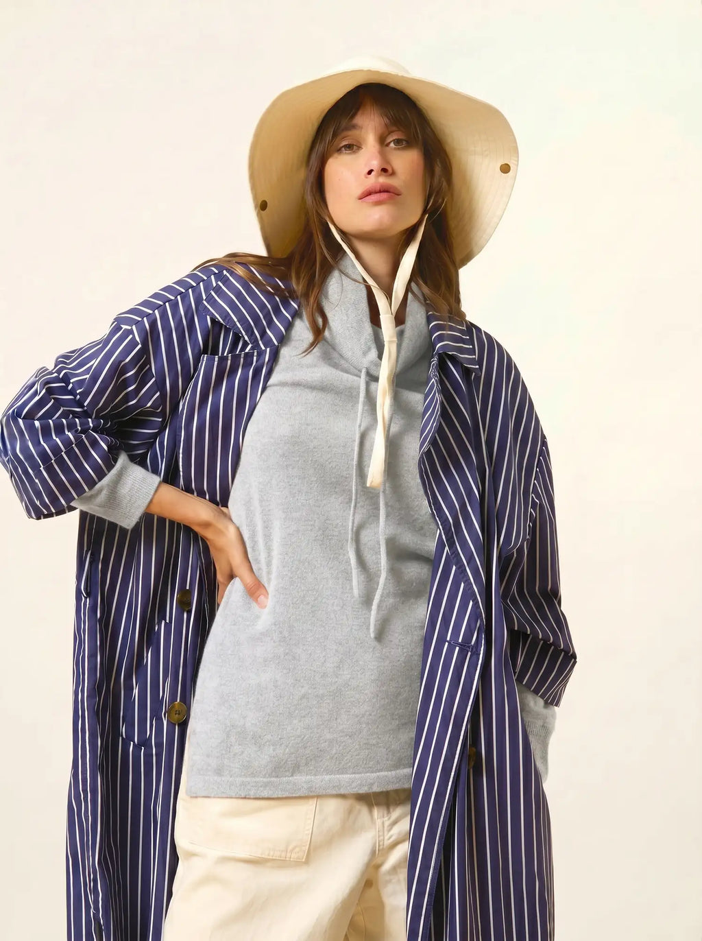 MELROSE Pull Col Montant Cordon Coulissant Fentes Côtés Gris Perle Chiné
