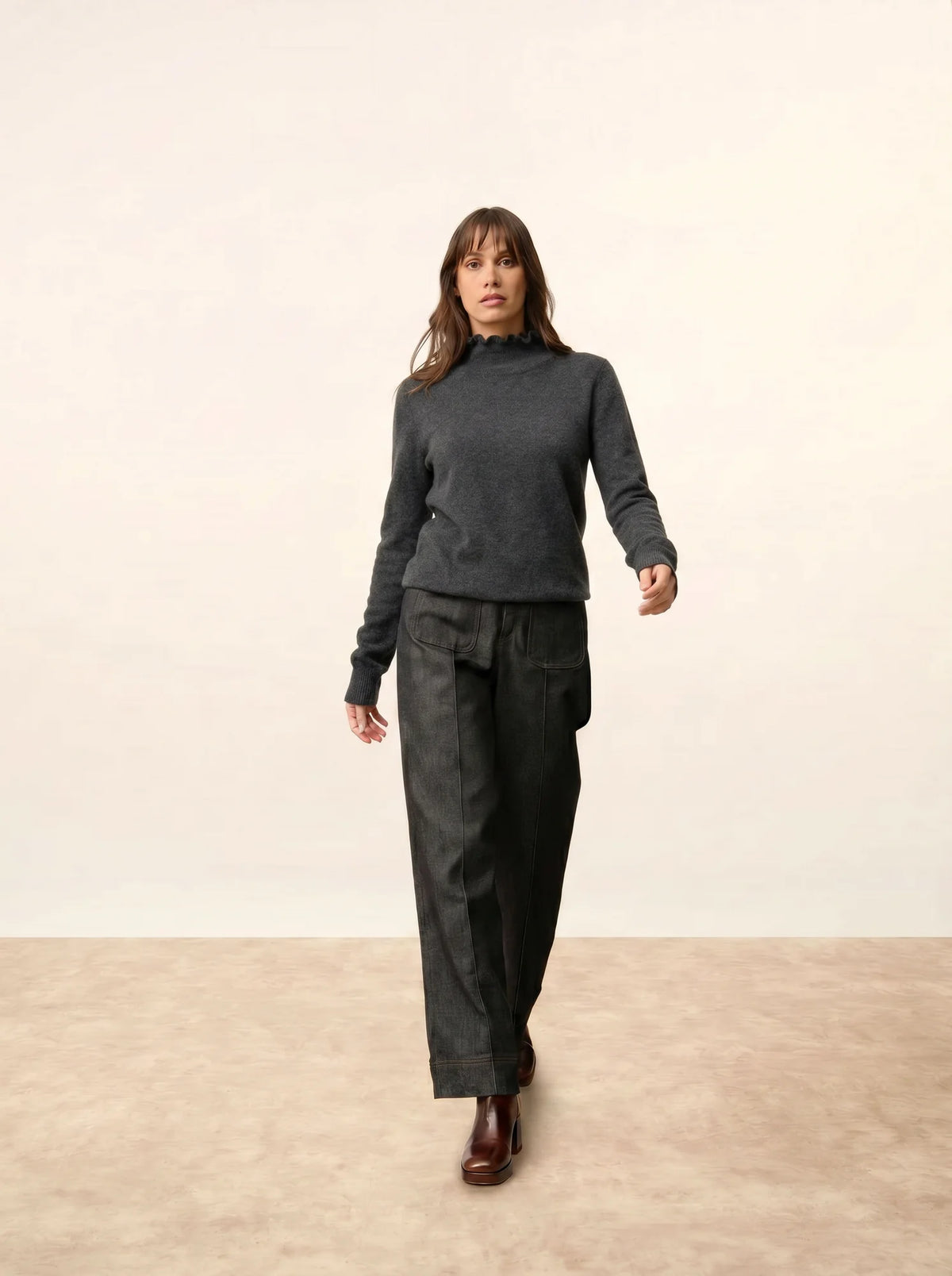 TRILA Pullover Stehkragen Volant Anthrazit meliert