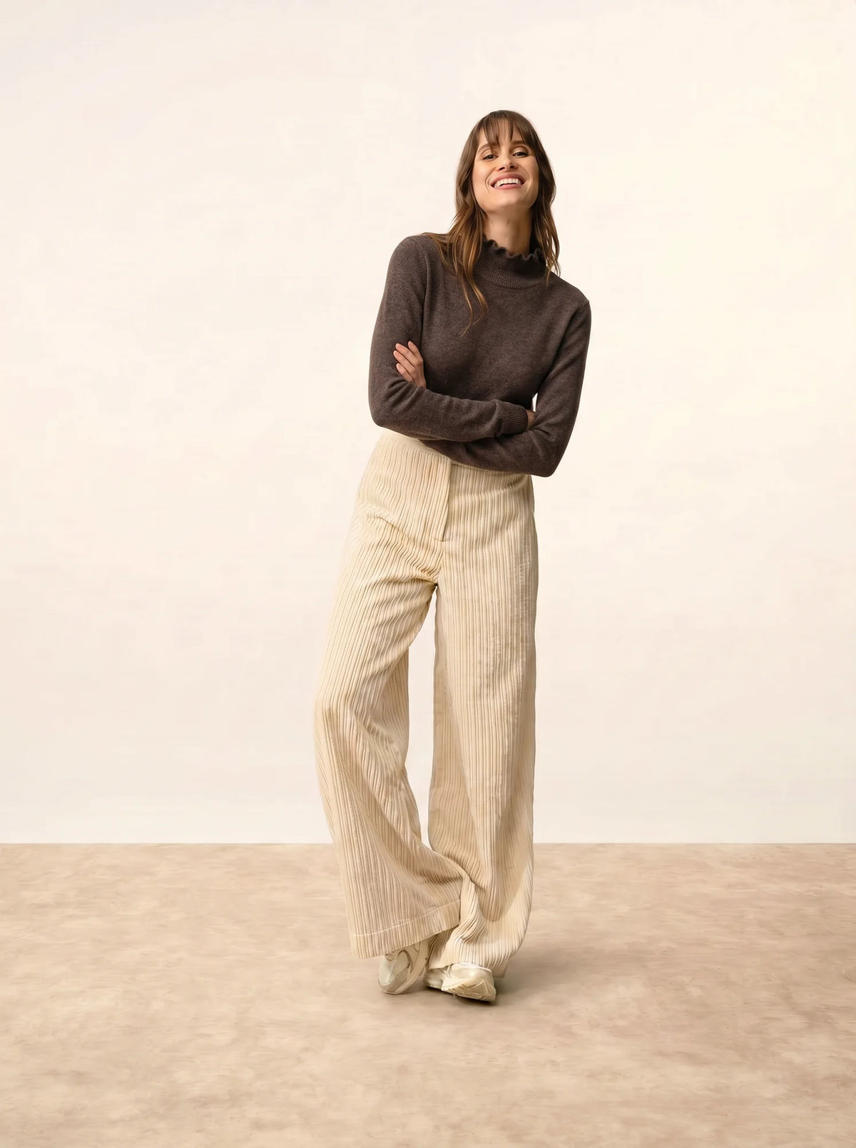 TRILA Sweater Mock Neck Ruffled Heather Taupe