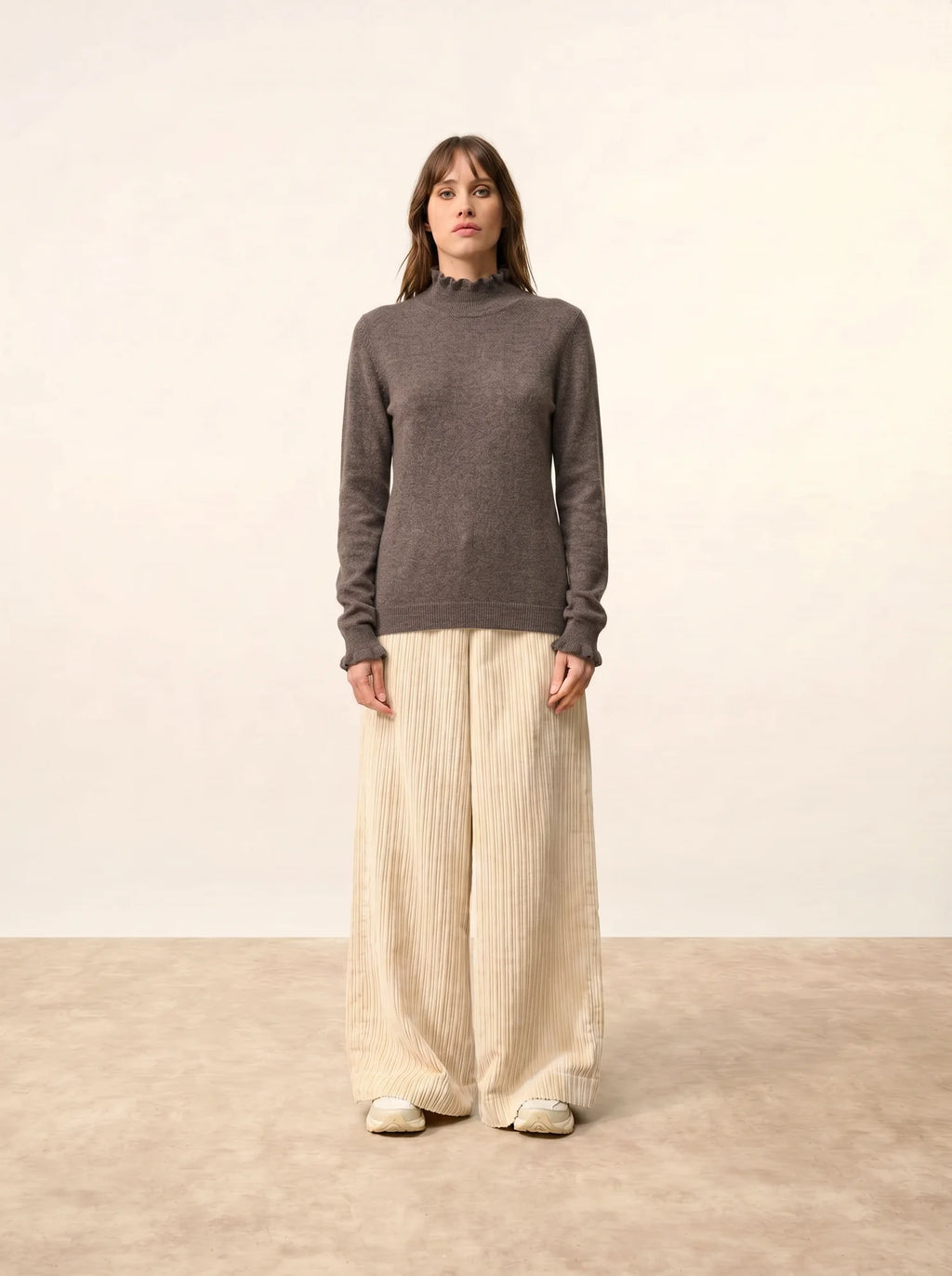 TRILA Sweater Mock Neck Ruffled Heather Taupe