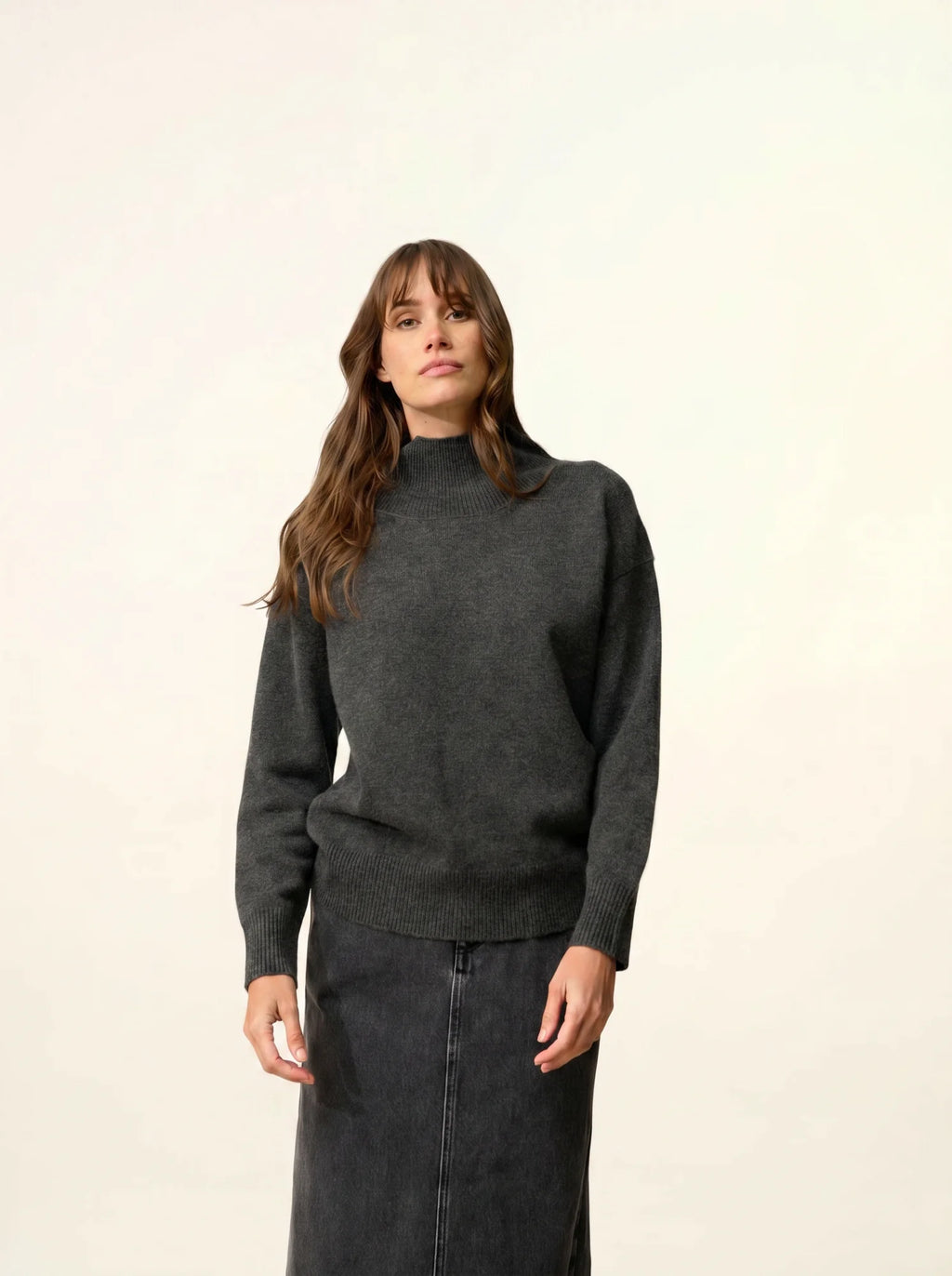ROMY Pull Col Montant 4 Fils Carbone Chiné