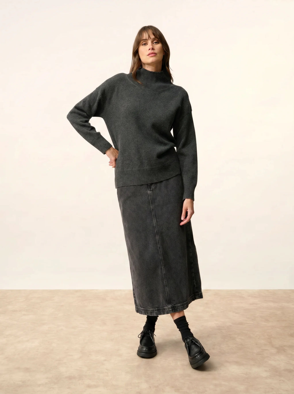 ROMY Pull Col Montant 4 Fils Carbone Chiné