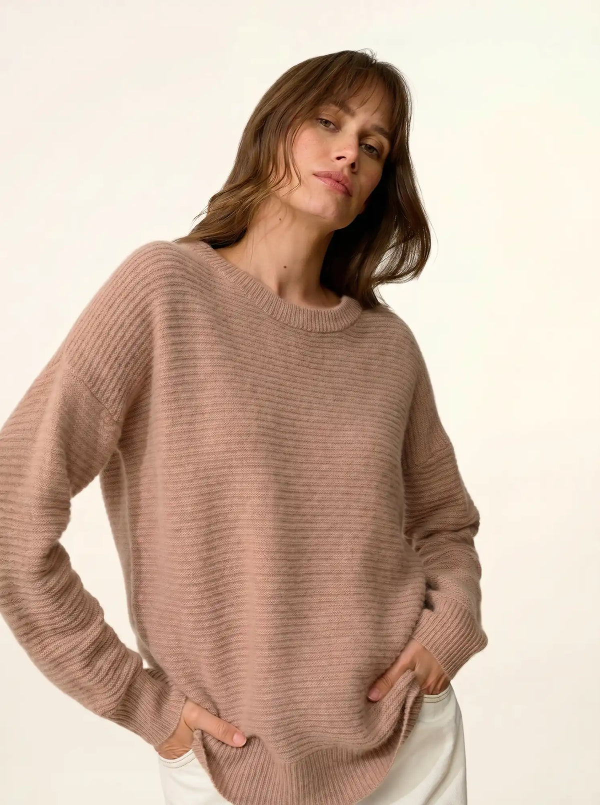 LOUNA Pull Col Rond 4 Fils Camel Chiné