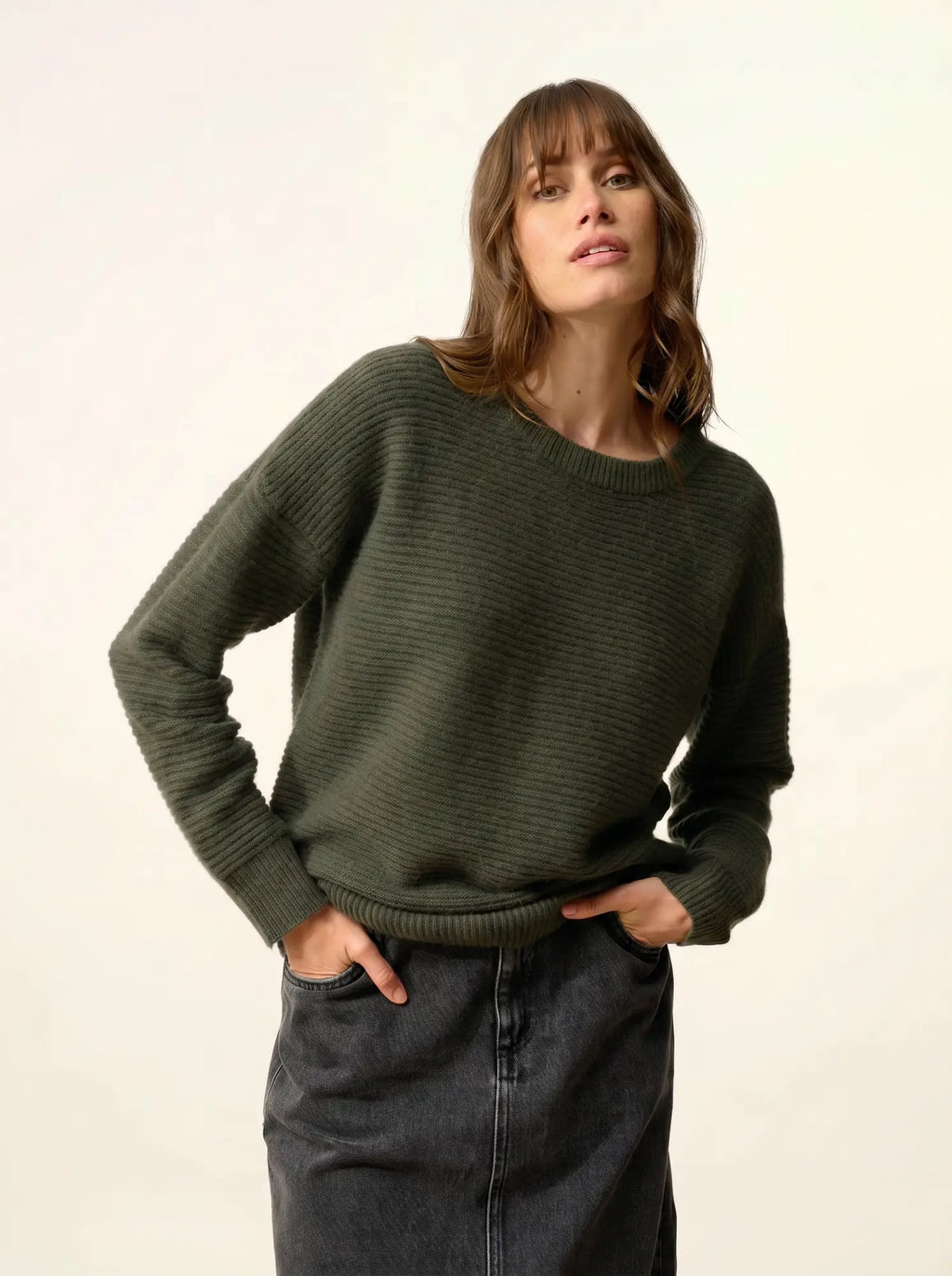 LOUNA Pull Col Rond 4 Fils Kaki