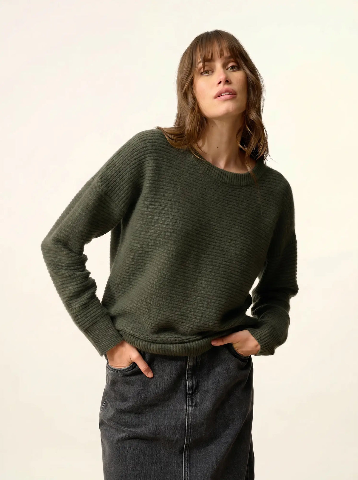 LOUNA Pull Col Rond 4 Fils Kaki