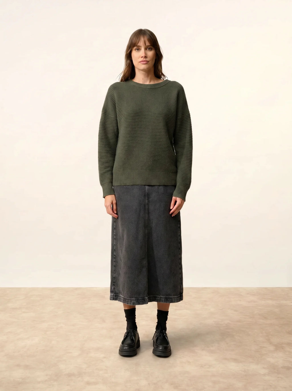 LOUNA Pull Col Rond 4 Fils Kaki