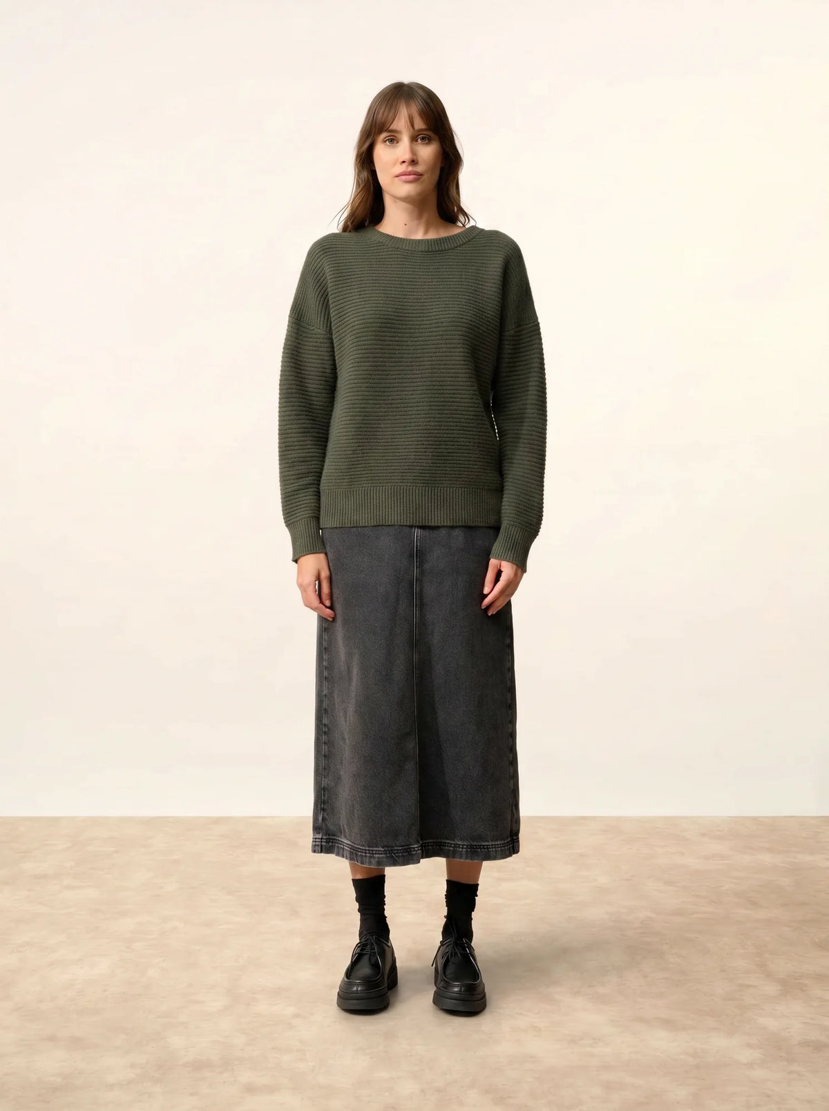 LOUNA Pull Col Rond 4 Fils Kaki