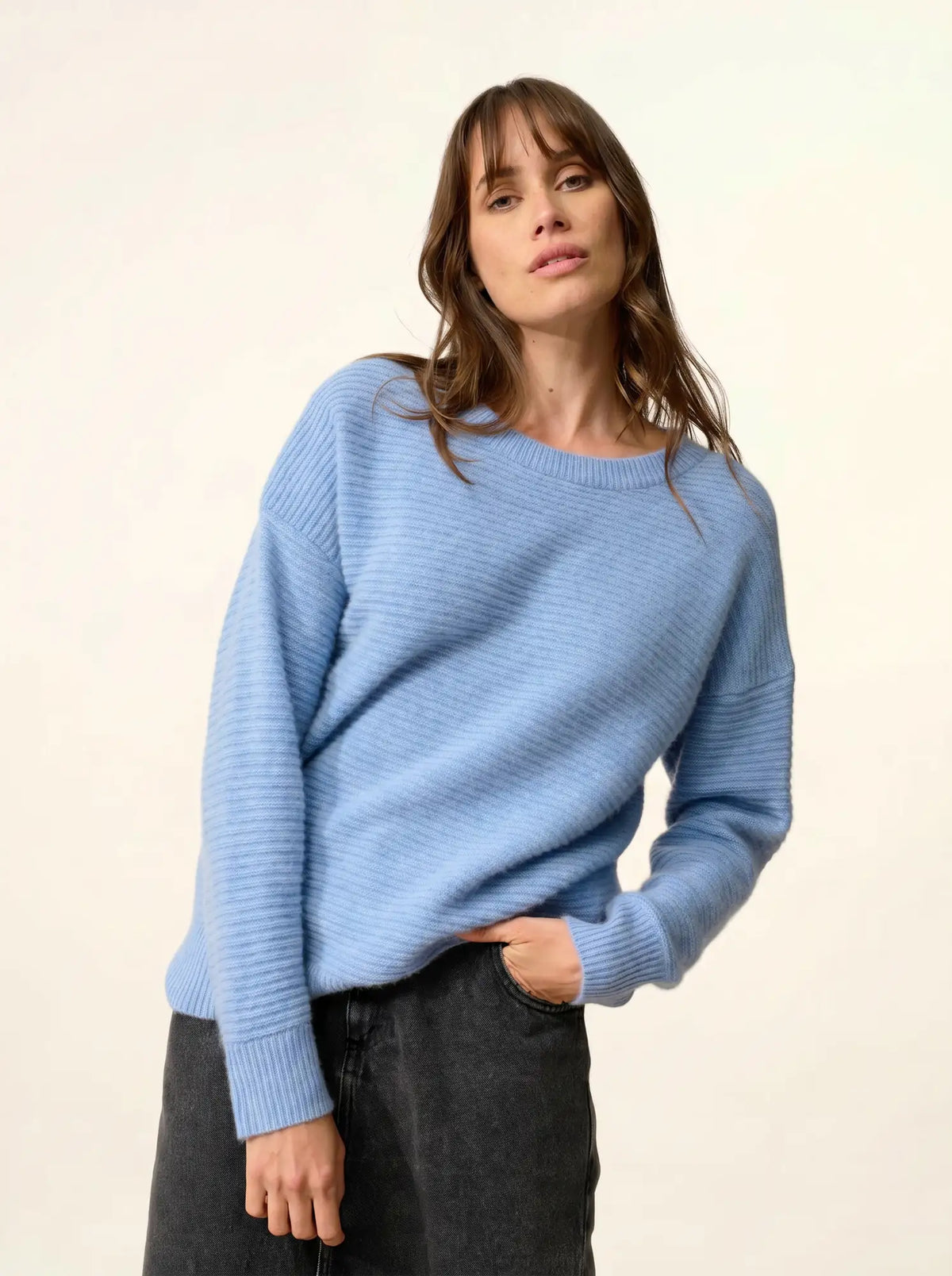 LOUNA Pull Col Rond 4 Fils Ciel