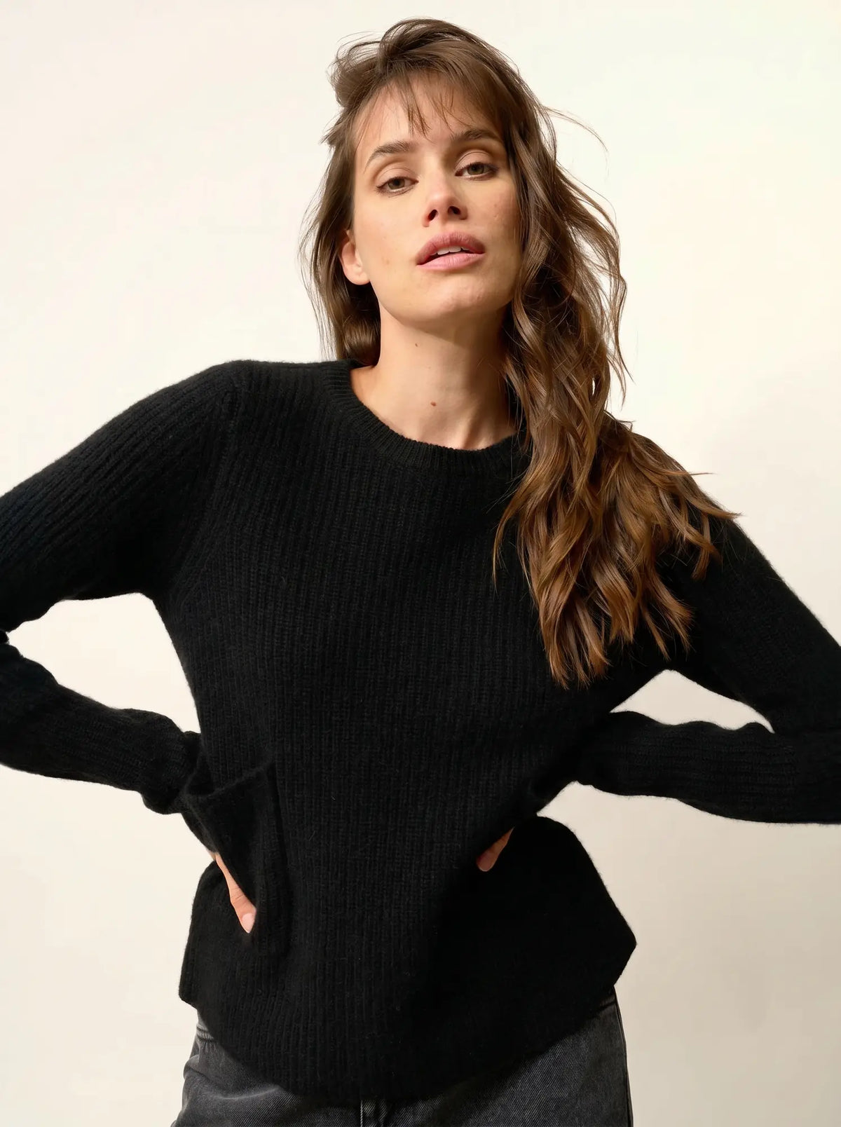 INAYA Pull Col Rond 4 Fils Noir