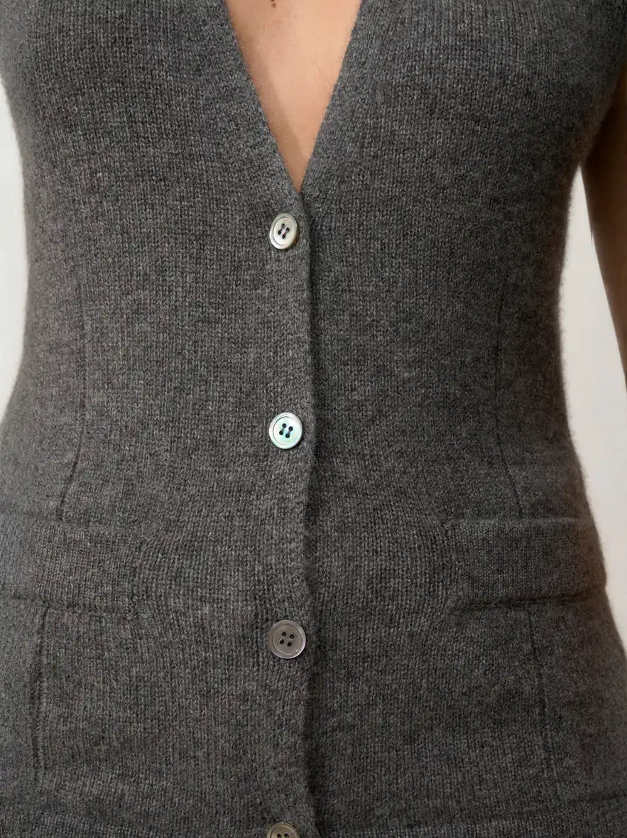 STEFAN Cardigan Col V sans Manches 4 Fils Anthracite Chiné