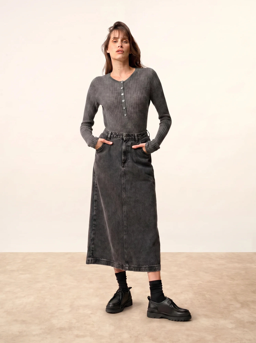 FUNI Bodysuit Buttoned Crew Neck Heather Charcoal