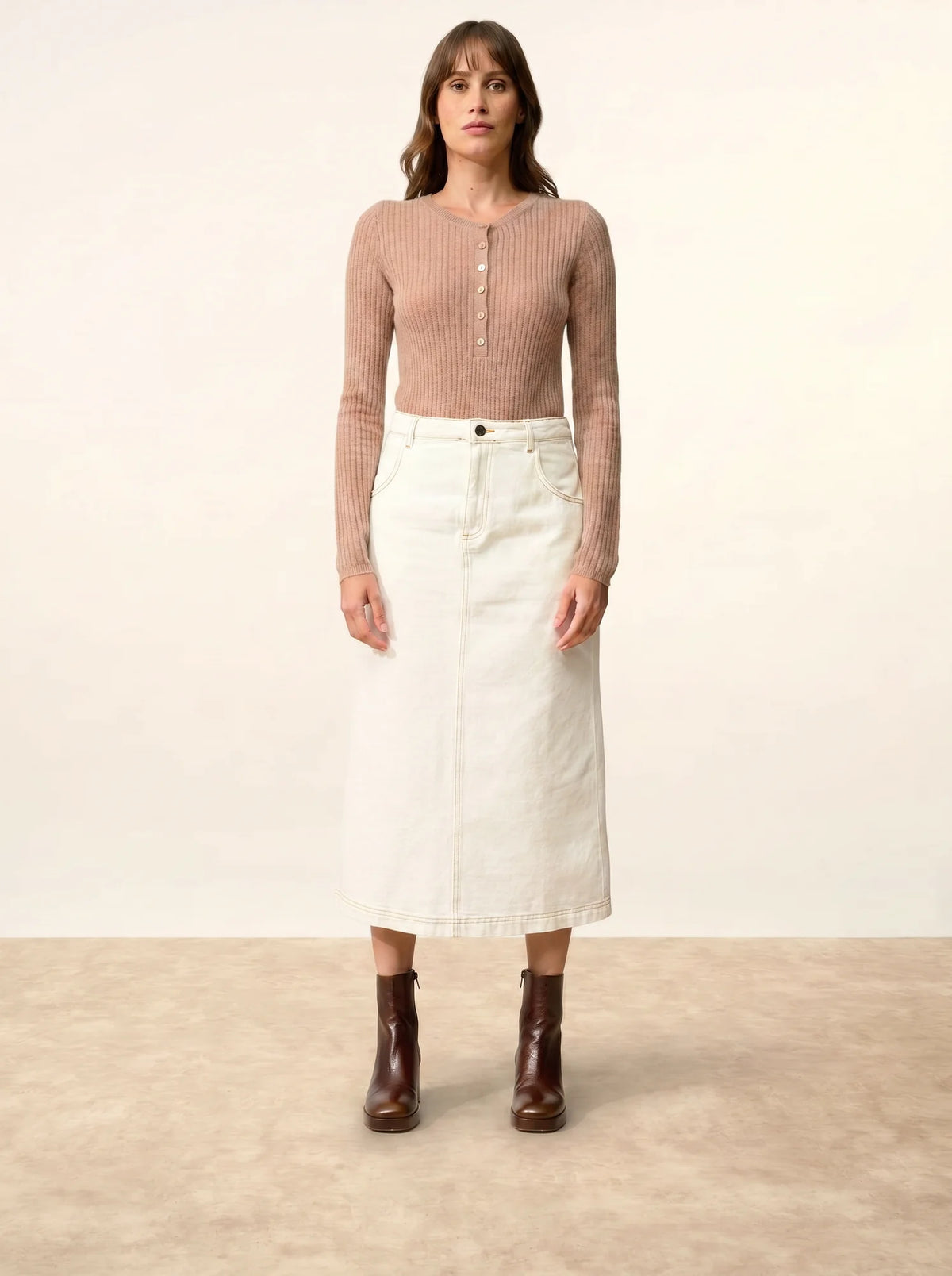 FUNI Body Boutonné Col Rond Camel Chiné
