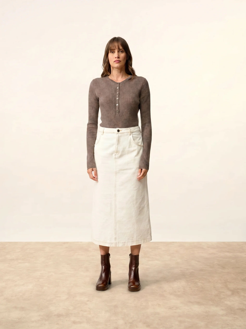 FUNI Body Boutonné Col Rond Taupe Chiné