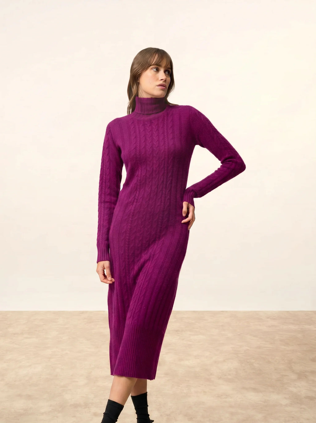 DOLKAR Robe Col Roulé 4 Fils Prune