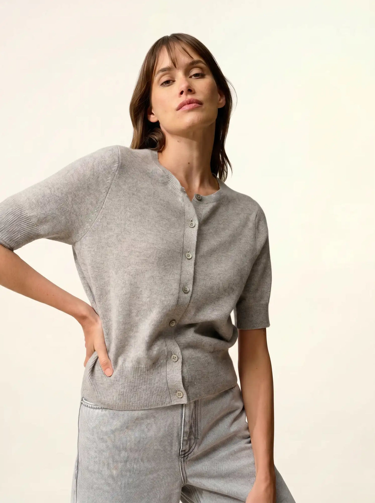 SAMUEL Cardigan Crew Neck Short Sleeve Heather Cloud