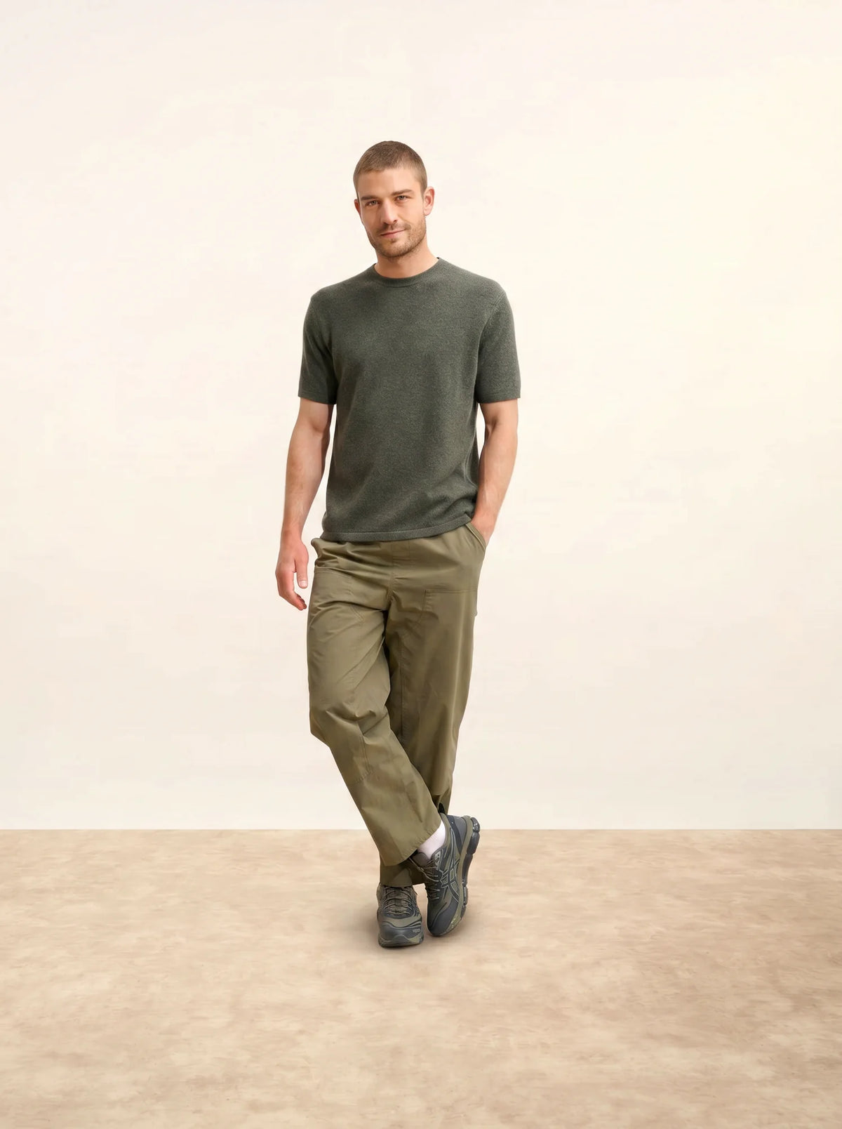 REBEKA T-Shirt Col Rond 4 Fils Kaki Chiné