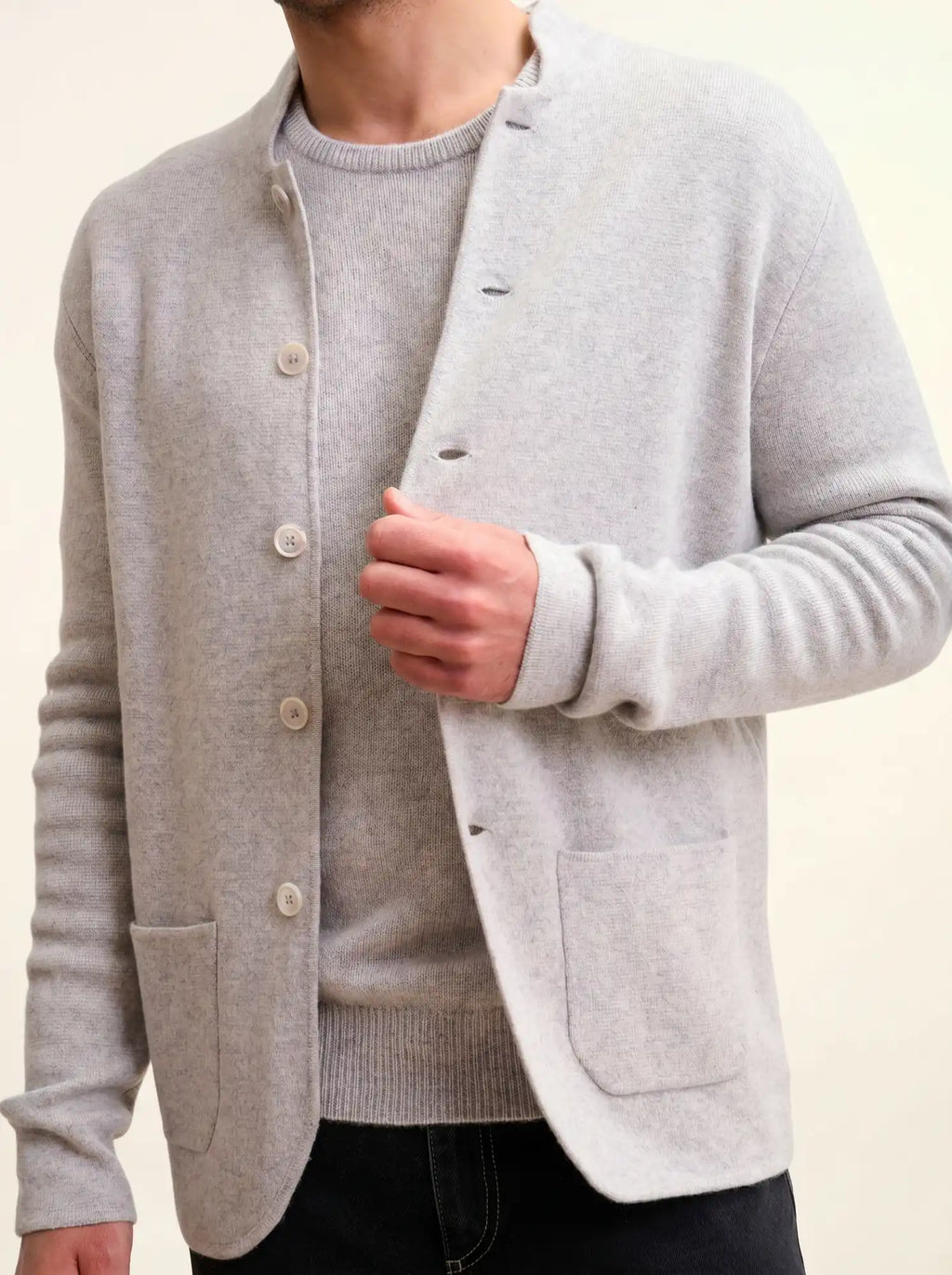 ANNA Veste Boutonnée Col Mao Gris Clair Chiné