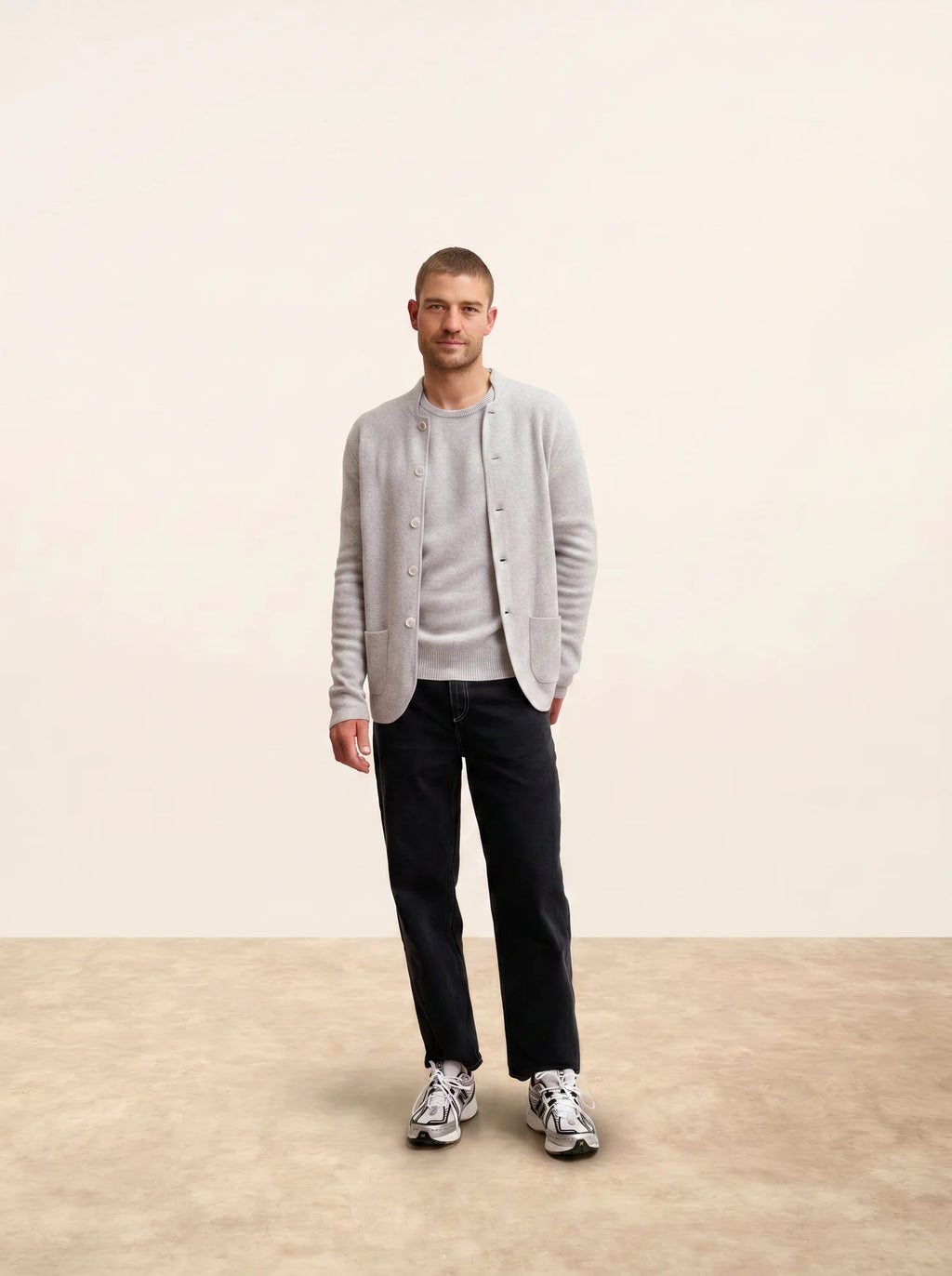ANNA Veste Boutonnée Col Mao Gris Clair Chiné
