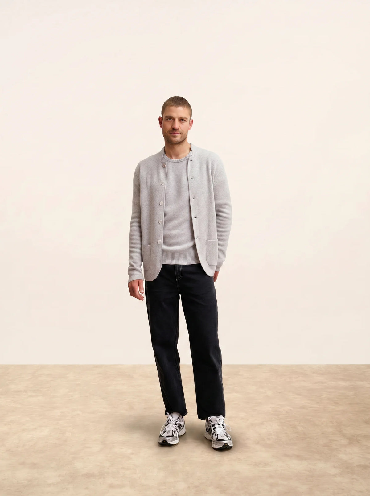 ANNA Veste Boutonnée Col Mao Gris Clair Chiné